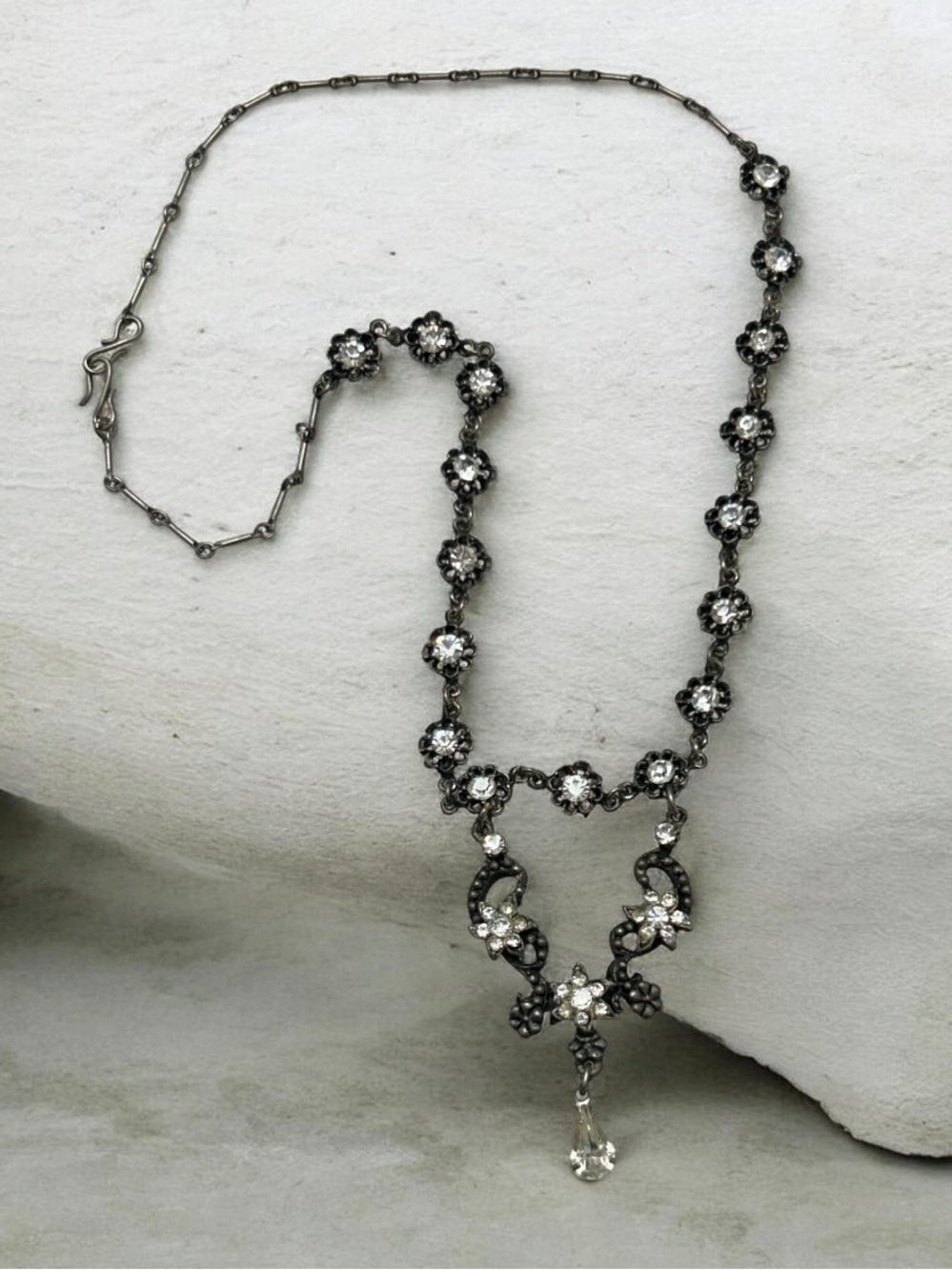 Vintage Yochi NY Antiqued Silver Tone Festoon Necklace Signed